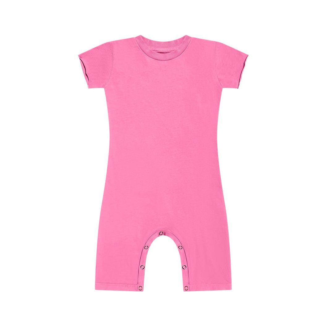 Be Mi Los Angeles pink pocket romper displayed on a model, showing the front view with a stylish pocket detail.