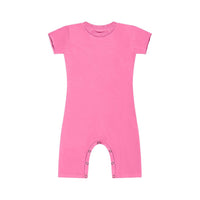 Be Mi Los Angeles pink pocket romper displayed on a model, showing the front view with a stylish pocket detail.