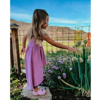Purple Organic Giselle Dress by Be Mi Los Angeles, featuring flowy fabric and elegant design, perfect for casual or special occasions.