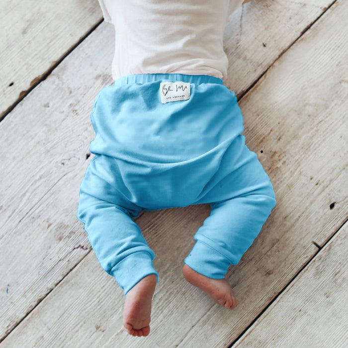 Organic Baby Malibu Pants Aqua by Be Mi Los Angeles, soft aqua-colored baby pants with comfortable elastic waistband.