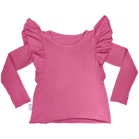Be Mi Los Angeles Natalia Ruffle Top in bubble gum pink, featuring ruffled details and a stylish, feminine design.