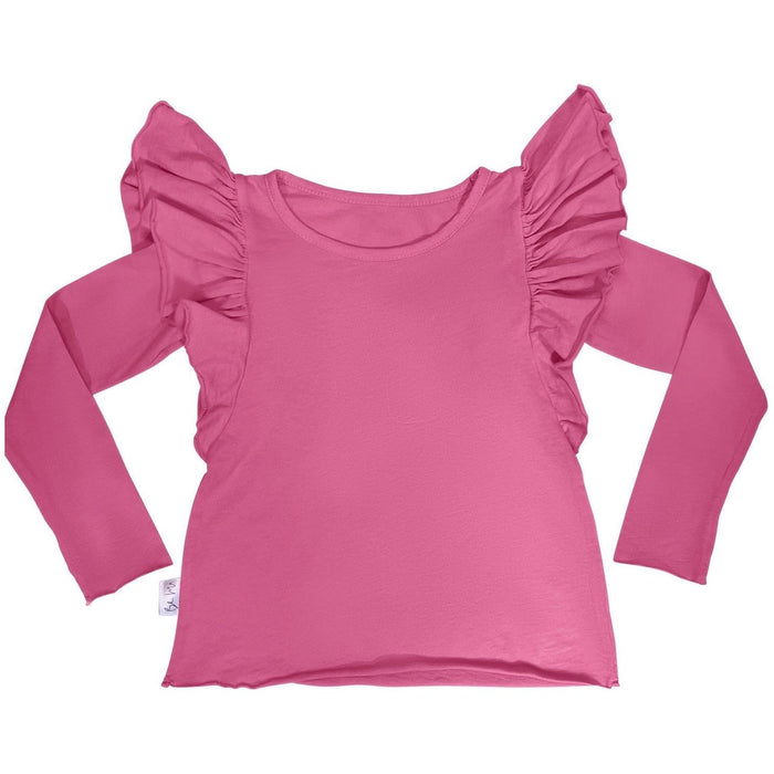 Be Mi Los Angeles Natalia Ruffle Top in bubble gum pink, featuring ruffled details and a stylish, feminine design.