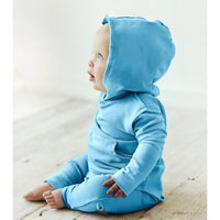Be Mi Los Angeles organic baby Benji hoodie in aqua, soft cotton hoodie with hood and ribbed cuffs, perfect for infants.