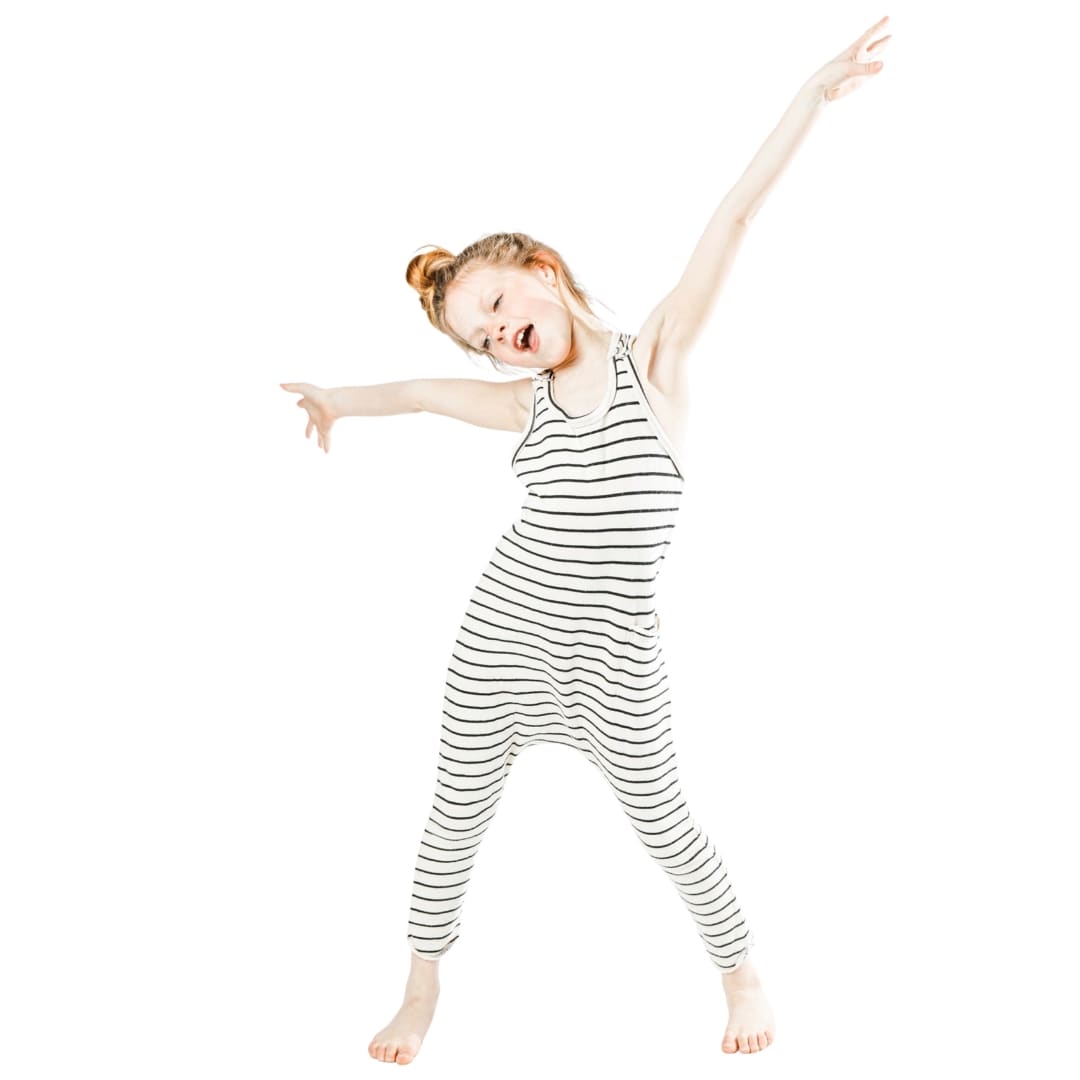 Be Mi Los Angeles limited edition striped romper in natural and black, featuring a stylish and comfortable one-piece design.