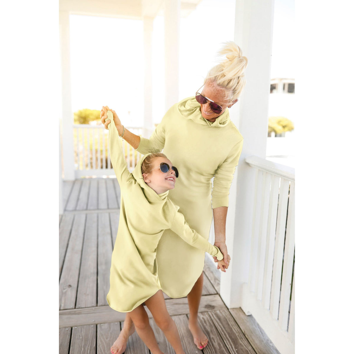 Organic Luna Hoodie Dress by Be Mi Los Angeles in tan, featuring a cozy hood, relaxed fit, and casual style for adults.