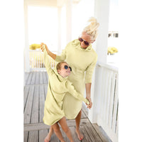 Organic Luna Hoodie Dress by Be Mi Los Angeles in tan, featuring a cozy hood, relaxed fit, and casual style for adults.