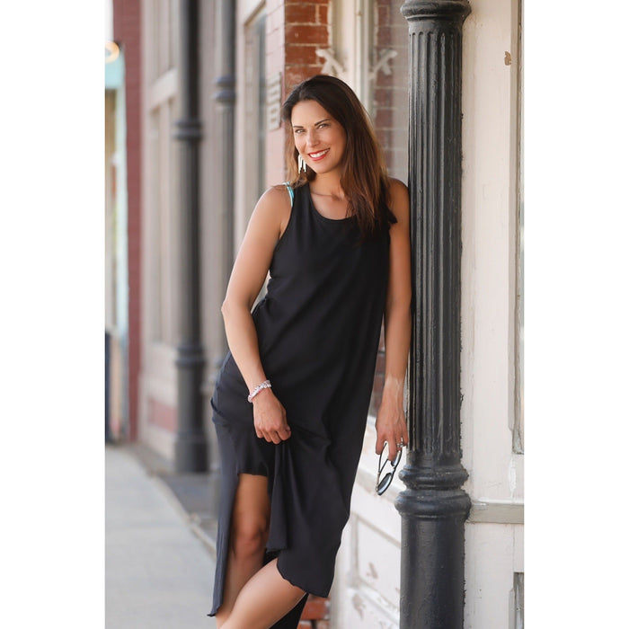 Black Lexi Tank Dress for adults by Be Mi Los Angeles, lightweight sleeveless dress with a relaxed fit, perfect for casual wear.