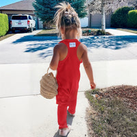 Red Americana romper by Be Mi Los Angeles featuring a stylish, casual design with short sleeves and a relaxed fit.