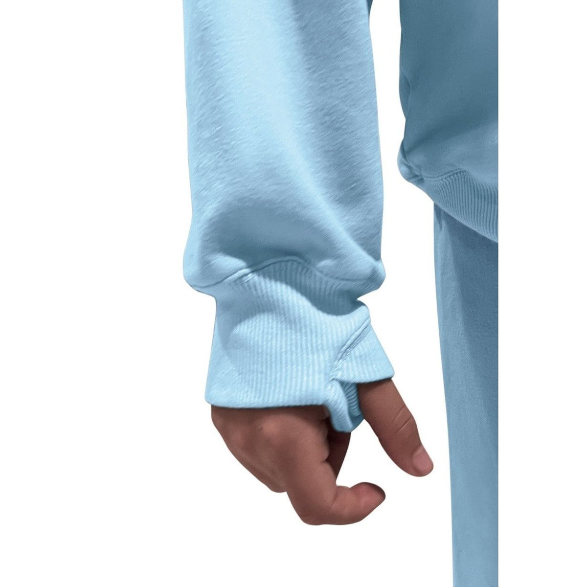 Be Mi Los Angeles Organic Cloud Lite Pullover top, close-up of soft, lightweight fabric and hand holding the garment.