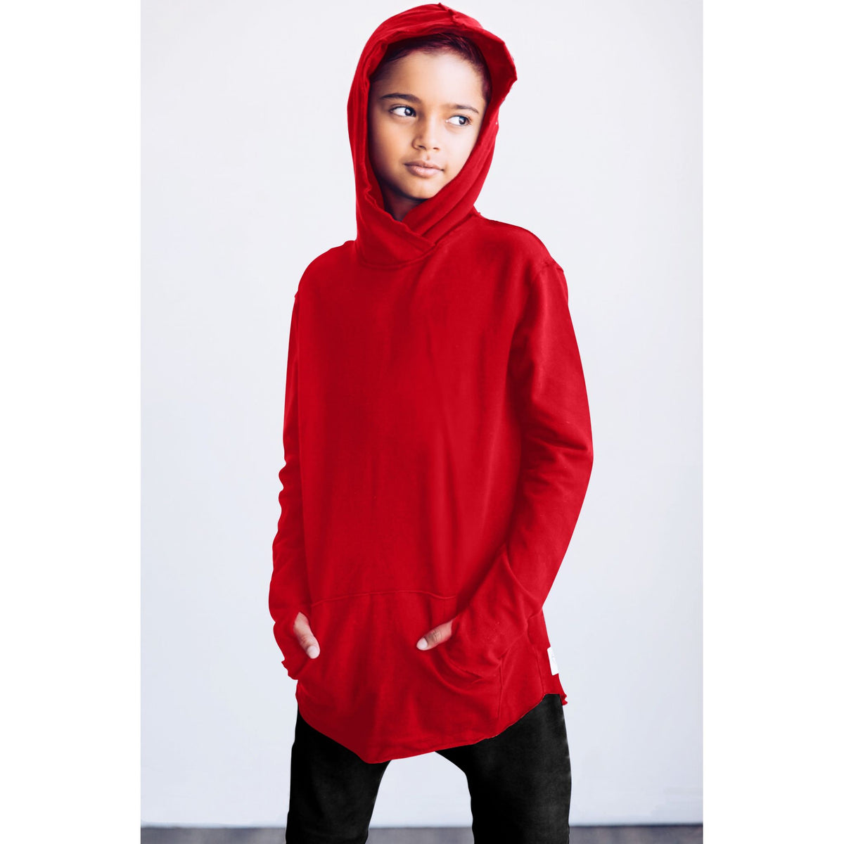 Red organic Benji hoodie from Be Mi Los Angeles, a cozy sweatshirt with a comfortable fit and casual style.