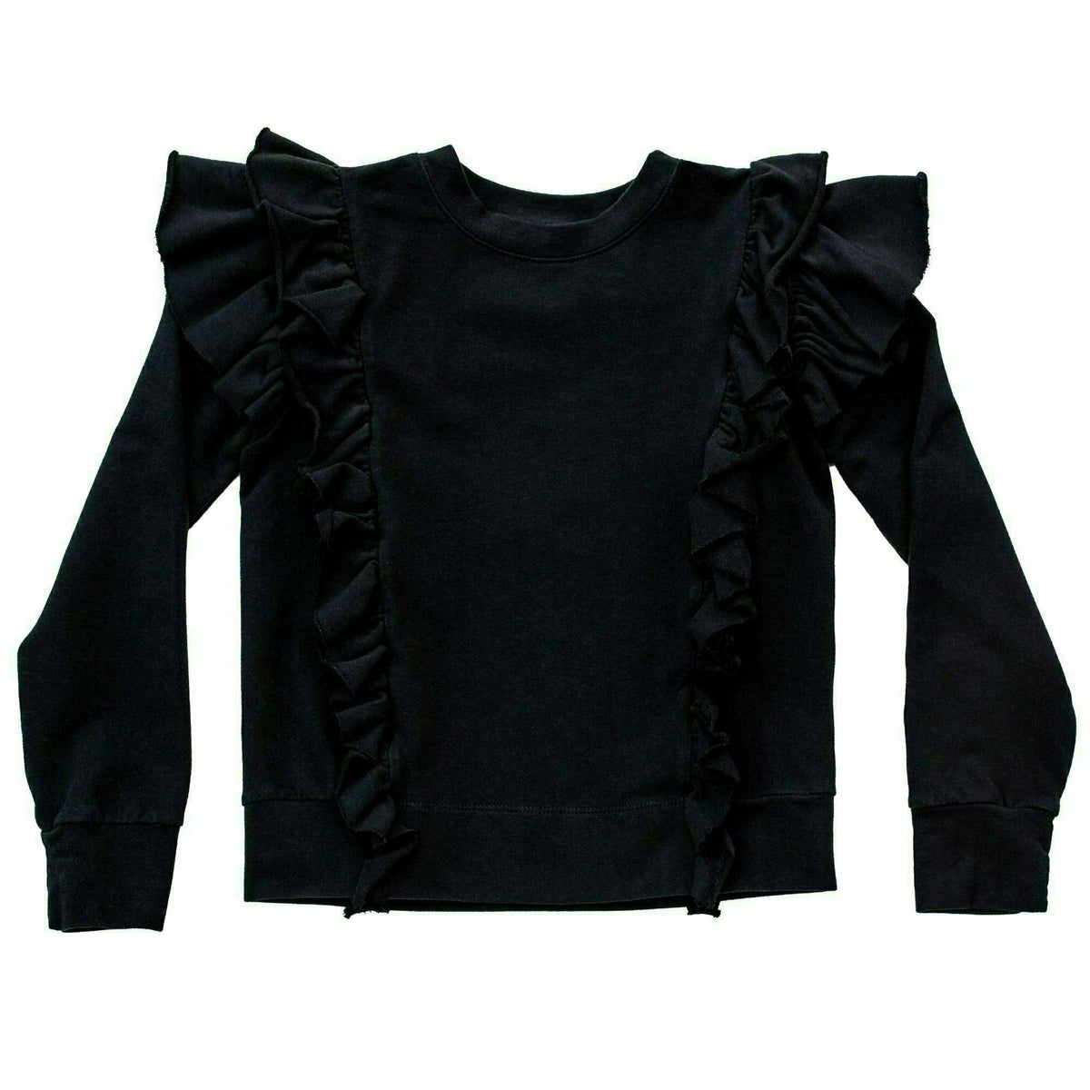 Black organic Victoria ruffle sleeve top by Be Mi Los Angeles, featuring stylish ruffle details and a comfortable fit.