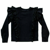 Black organic Victoria ruffle sleeve top by Be Mi Los Angeles, featuring stylish ruffle details and a comfortable fit.