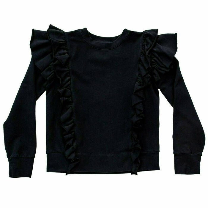 Black organic Victoria ruffle sleeve top by Be Mi Los Angeles, featuring stylish ruffle details and a comfortable fit.
