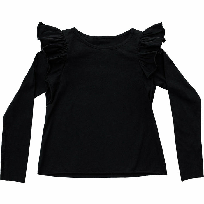 Be Mi Los Angeles Natalia ruffle top, stylish women's top with ruffled details, shown in a natural pose.
