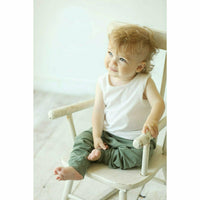Organic Baby Malibu Pants by Be Mi Los Angeles in olive green, soft cotton fabric, featuring comfortable elastic waistband.
