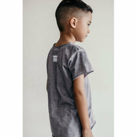 Be Mi Los Angeles Raw Edge Tee displayed on a hanger, showcasing its casual style and raw-edge design.