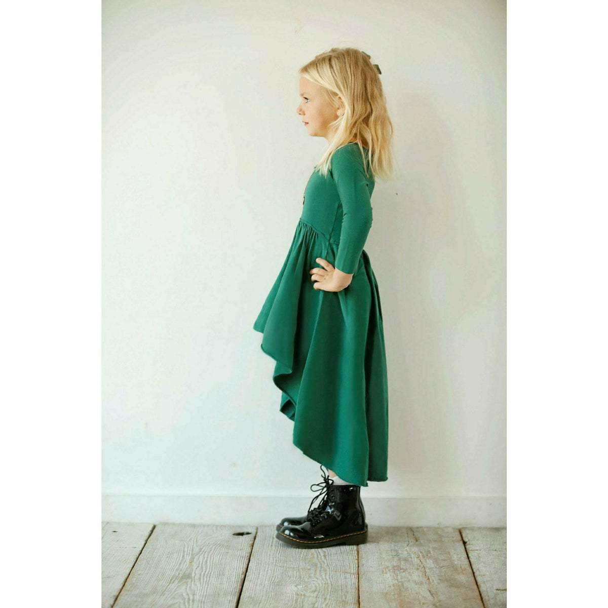 Organic Giselle Dress by Be Mi Los Angeles, long sleeve dress with a flowing, elegant design, shown in a natural fabric.