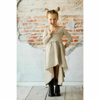 Be Mi Los Angeles Organic Giselle Dress with long sleeves in tan, featuring a flowing, elegant design perfect for casual or dressy wear.