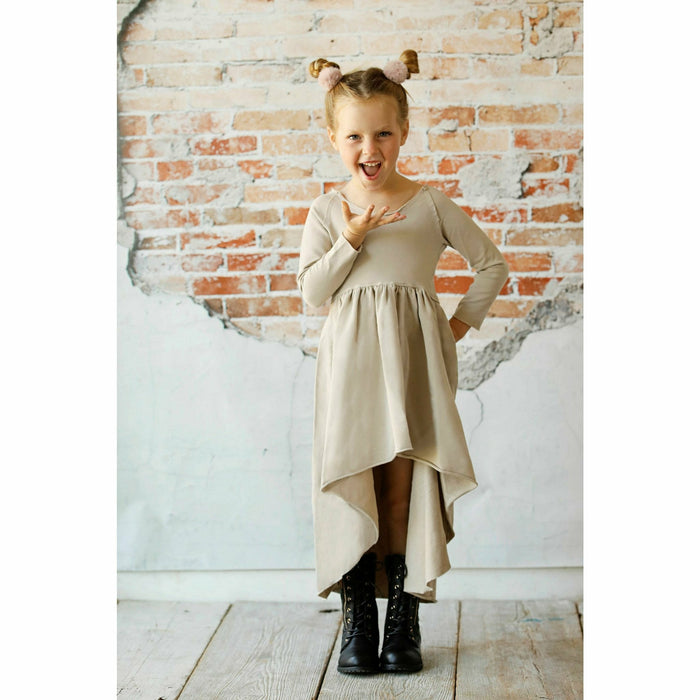 Be Mi Los Angeles Organic Giselle Dress with long sleeves in tan, featuring a flowing, elegant design perfect for casual or dressy wear.