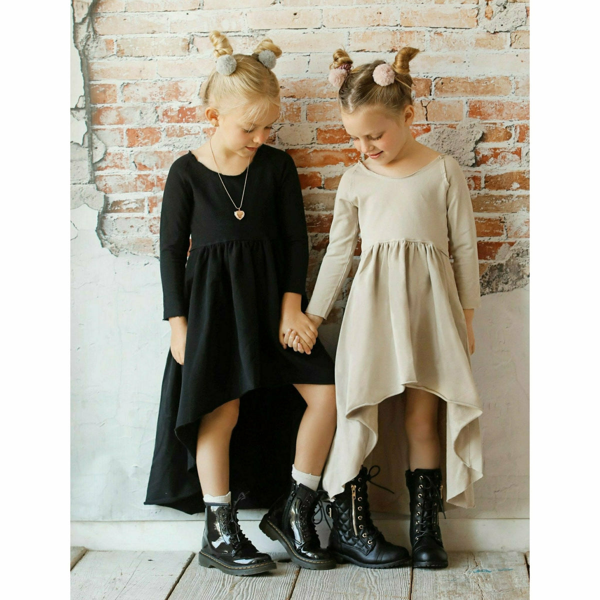 Be Mi Los Angeles Organic Giselle Dress with long sleeves in tan, featuring a flowy, elegant design for casual or dressy occasions.