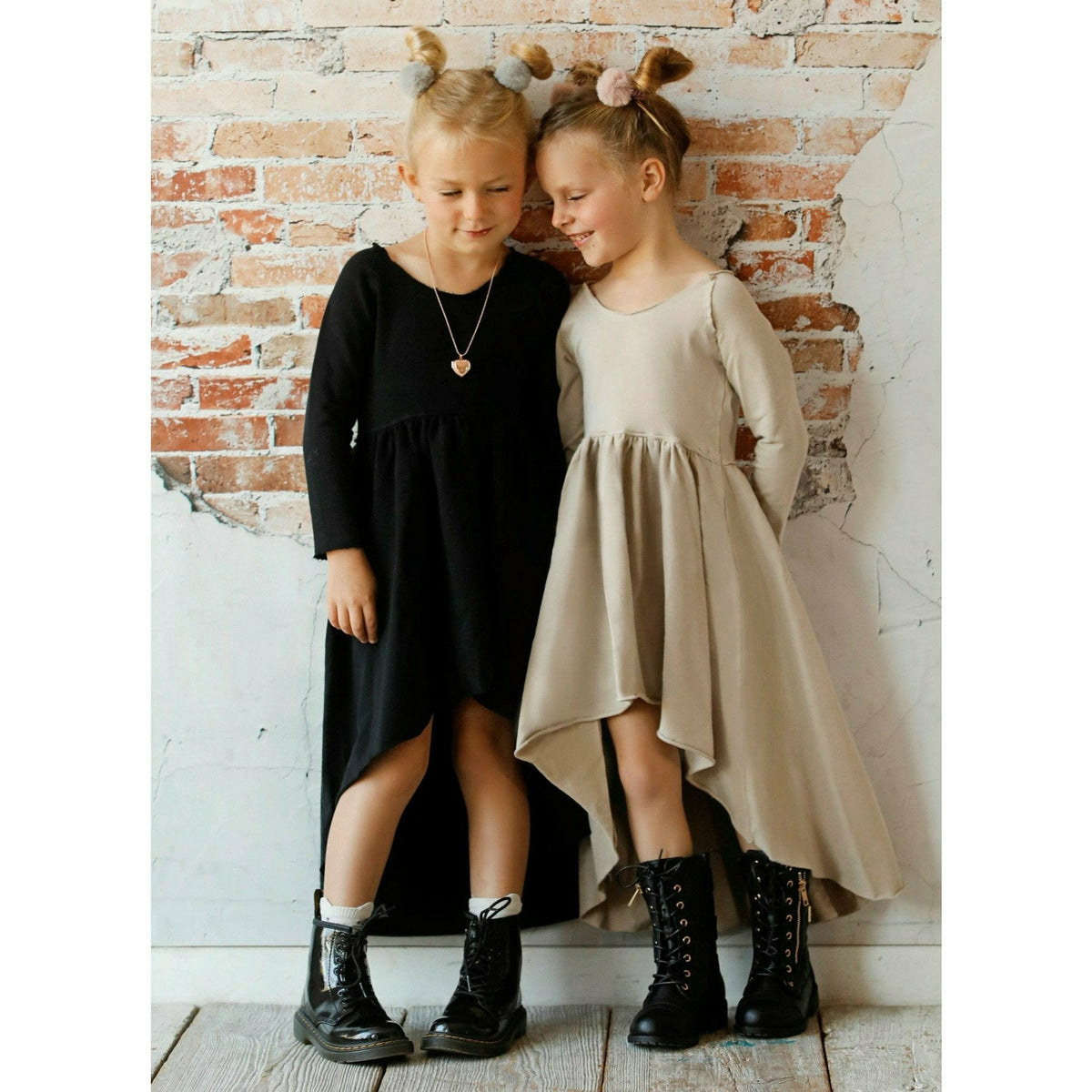 Organic Giselle Dress by Be Mi Los Angeles, long sleeve tan dress with a flowing silhouette and elegant design.