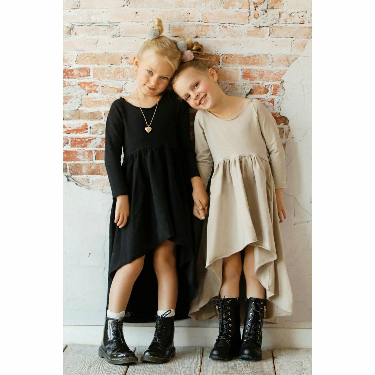 Be Mi Los Angeles Organic Giselle Dress with long sleeves in tan, showcasing its stylish and comfortable design.