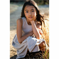 Organic Giselle Dress in tan by Be Mi Los Angeles, showcasing a flowy, stylish dress with natural fabric and elegant design.