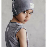 Organic oversized beanie by Be Mi Los Angeles in oil wash grey, featuring a soft, relaxed fit and cozy knit texture.