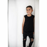 Black distressed organic Malibu joggers by Be Mi Los Angeles, showing relaxed fit and soft fabric details.
