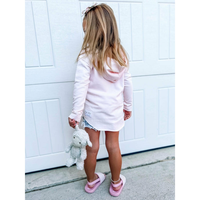 Pink Organic Benji Hoodie sweatshirt by Be Mi Los Angeles, styled with a casual fit and soft fabric, shown on a model.