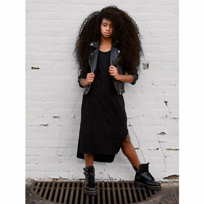 Black Lexi Tank Dress by Be Mi Los Angeles, sleeveless design, casual fit, shown on a model with a simple background.