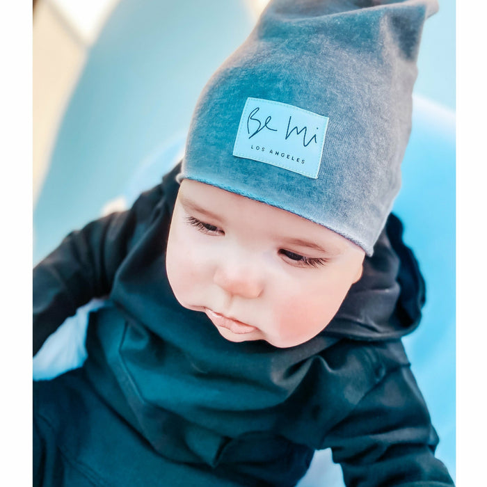 Organic oversized grey beanie by Be Mi Los Angeles, featuring an oil wash finish and cozy, relaxed fit.