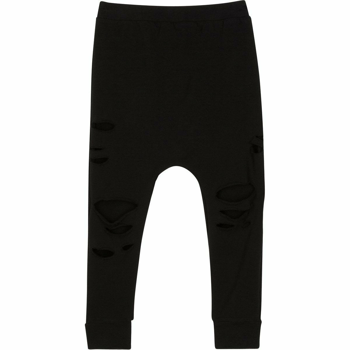 Organic Malibu Joggers by Be Mi Los Angeles in distressed black, featuring a relaxed fit and casual style.