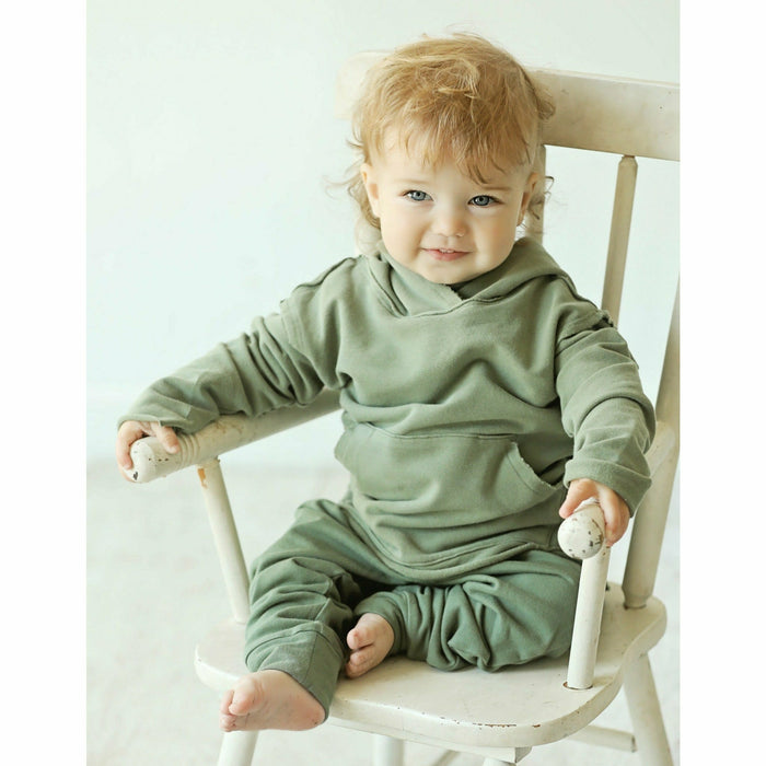 Organic Baby Benji Hoodie in olive from Be Mi Los Angeles, soft green sweatshirt featuring a comfortable hood and cozy fit.