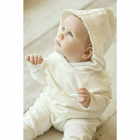 Cream organic baby Benji hoodie sweatshirt by Be Mi Los Angeles, featuring soft fabric and cozy design for little ones.