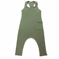 Be Mi Los Angeles olive romper displayed flat, showcasing its stylish, casual design and soft fabric for comfortable wear.