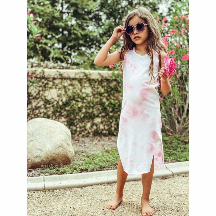 Be Mi Los Angeles Lexi Tank Dress in marble tie-dye fabric, sleeveless style, with flowing fit and vibrant tie-dye pattern.