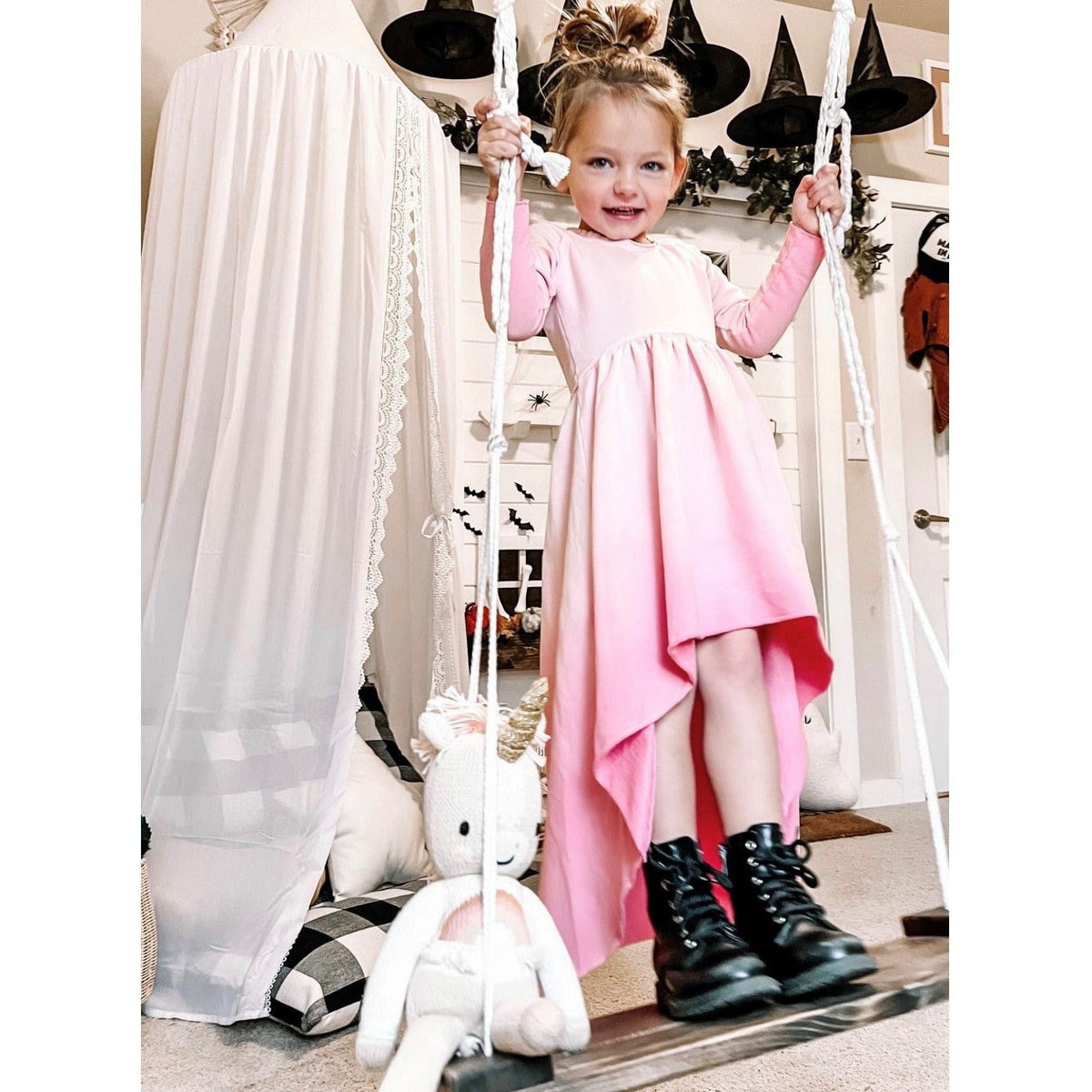 Organic Giselle Dress by Be Mi Los Angeles, long sleeve ombre dress with flowing fabric and elegant design, displayed on a model.