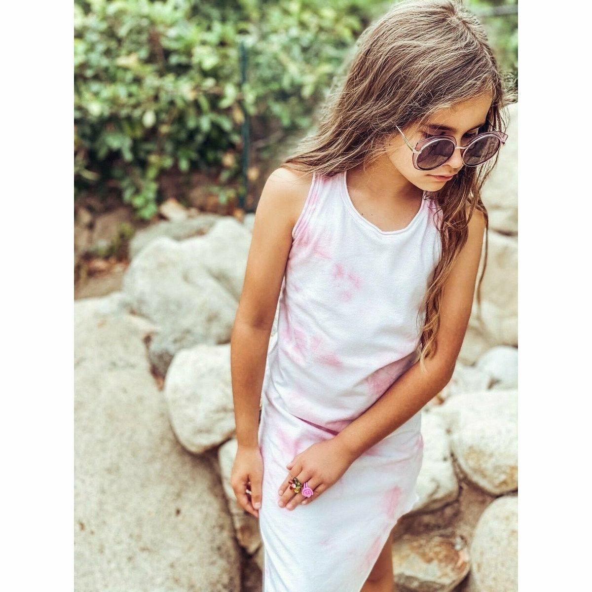 Be Mi Los Angeles Lexi Tank Dress in marble tie dye fabric, sleeveless style with a relaxed fit, perfect for casual summer wear.