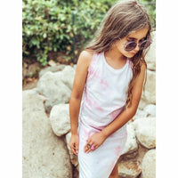 Be Mi Los Angeles Lexi Tank Dress in marble tie dye fabric, sleeveless style with a relaxed fit, perfect for casual summer wear.