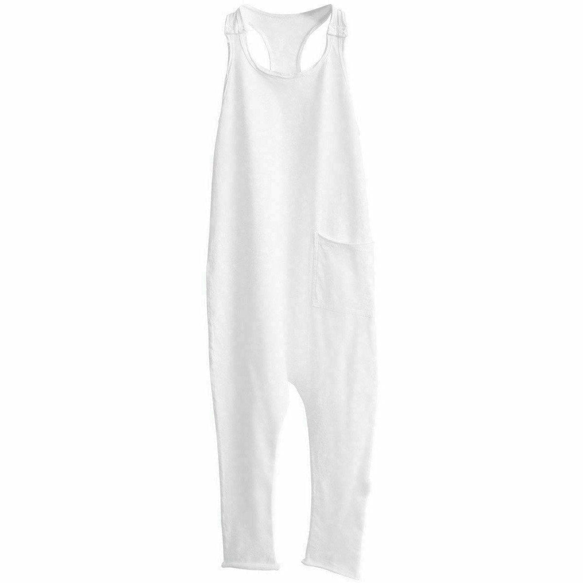 Be Mi Los Angeles white romper displayed on a hanger, featuring a casual, stylish one-piece outfit for women.